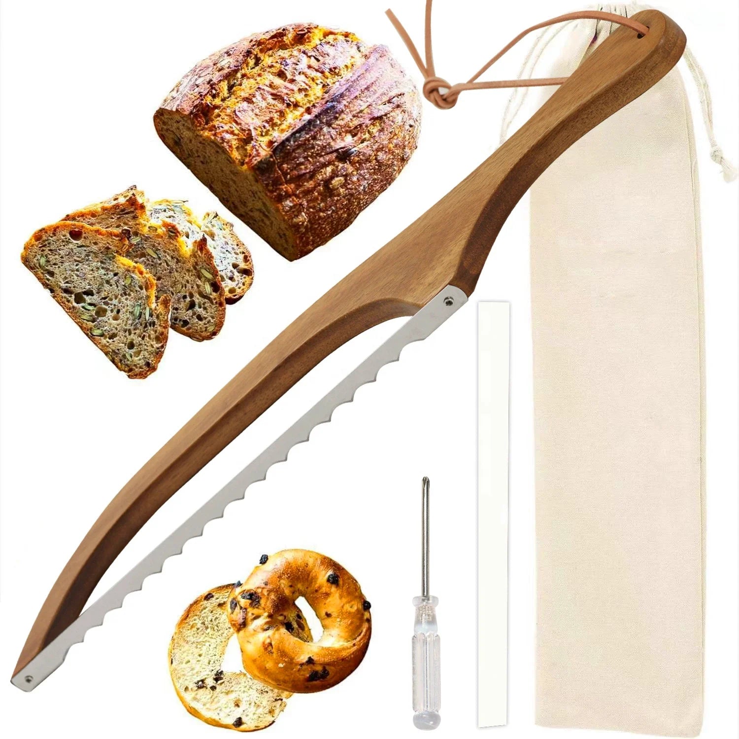 Bakers Professional Wooden Bread Bow Knife Stainless Steel Serrated Blade 10-11.9in Ambidextrous Handle Eco-Friendly Kitchen