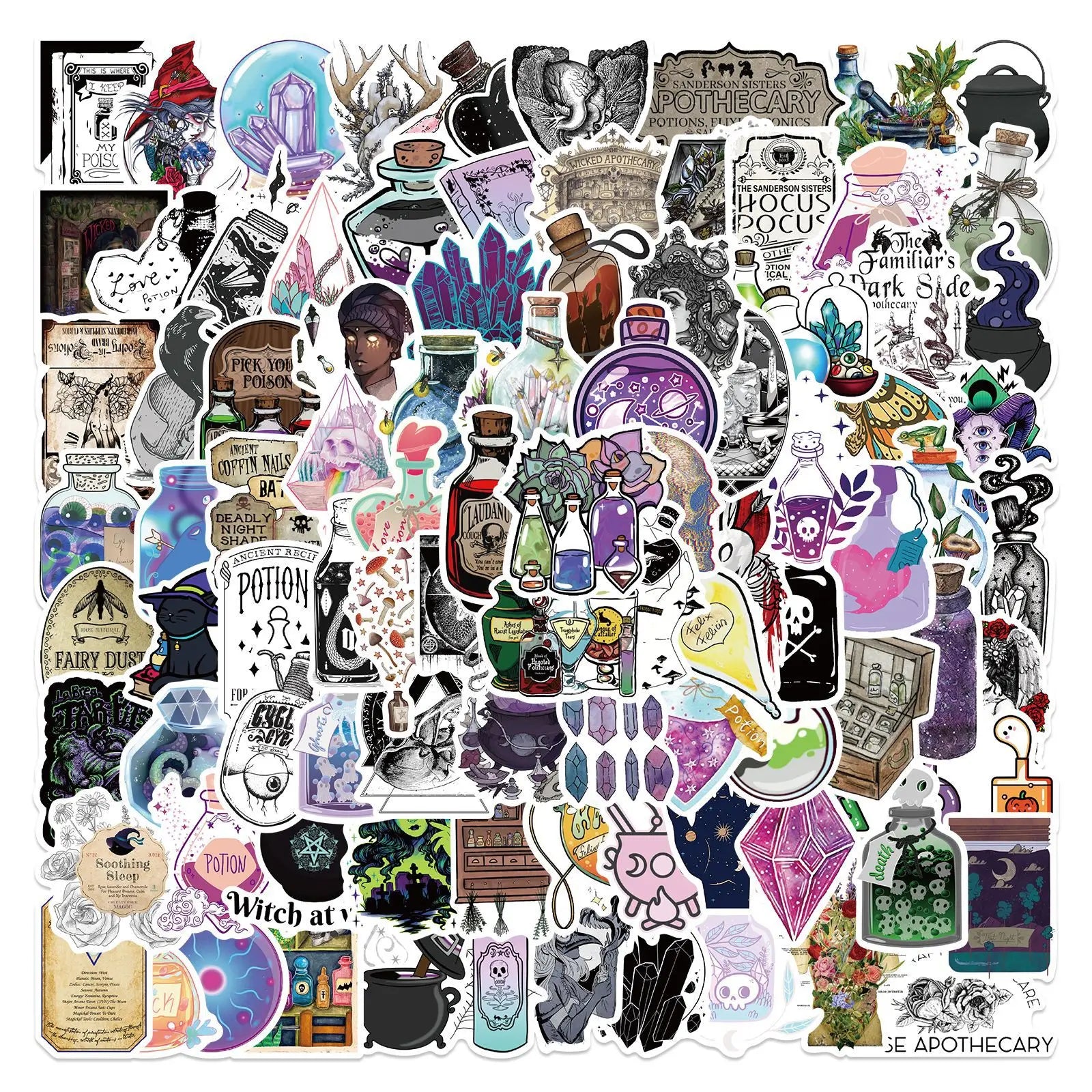 100Pcs Vintage Potion Logo Label Graffiti Stickers for Bottle Wall Medical Decoration Waterproof Witch Divination Sticker