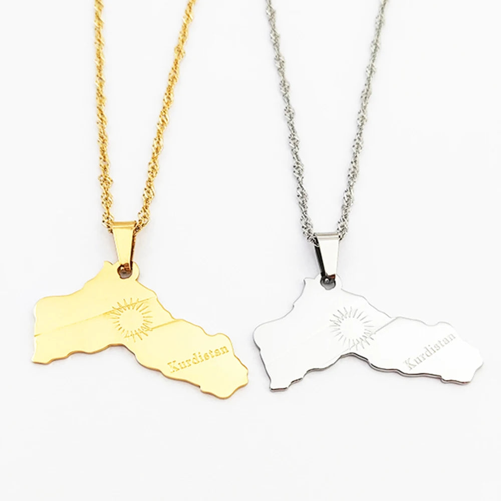 Gold Plated Necklace Wholesale Custom Stainless Steel Personalized Necklace Kurdistan Map Shape Necklace Geometric Jewelry