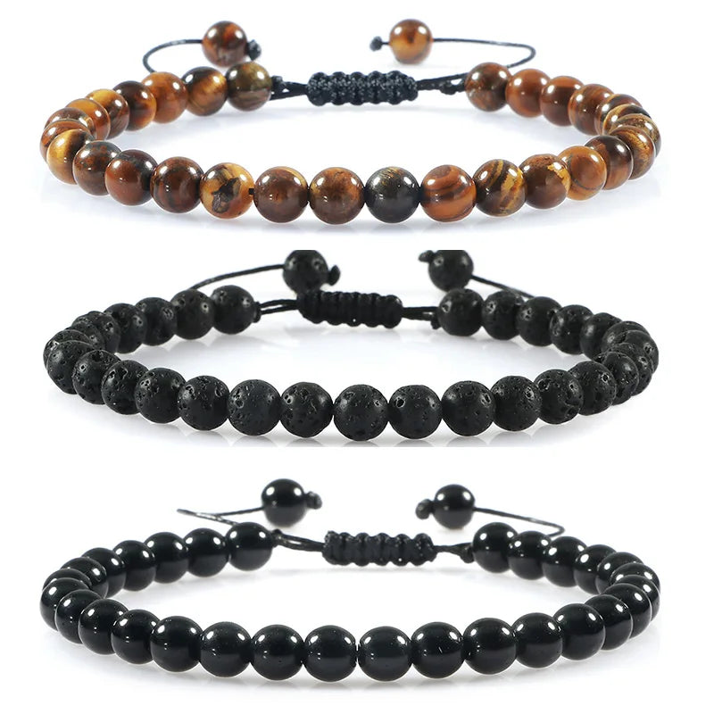 SC Hot Selling Honorable Men's Bracelets 6MM Tiger Eye Stone Beaded Bracelet Adjustable Black Agate Natural Stone Bracelets