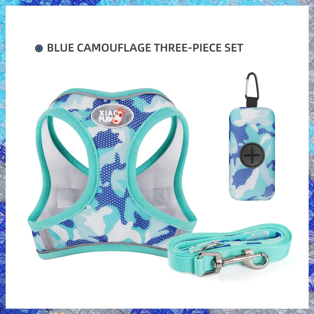 Custom Label Breathable Dog Harness Reflective  Dog Walking Leash Camouflage 3-Piece Set Dog Harness