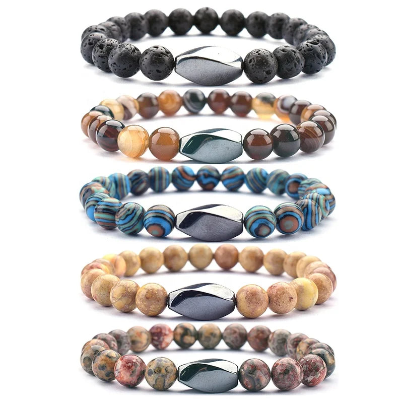 2022 New Men Hand Jewelry Manufacturers Wholesale 8mm Gemstone Natural Tiger Eye Lava Stone Beads Hematite Charm Bracelet