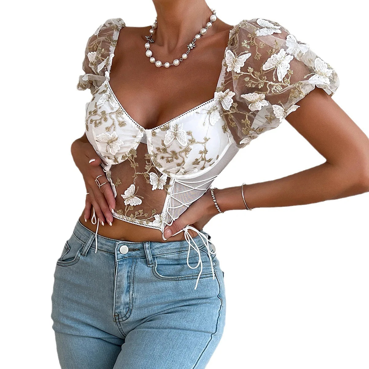 2023 Hot Sale Women Summer Floral Backless V-neck Vest Tank Tops Waistband Slim Pullover Sexy Mesh Halter Top