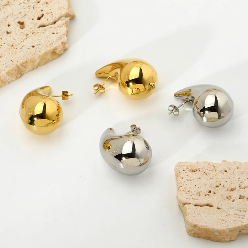 Lightweight Hollow Stainless Steel Waterdrop 16K Gold Plated Stud Earrings Trendy Tear-Dop Style Unisex for Anniversary
