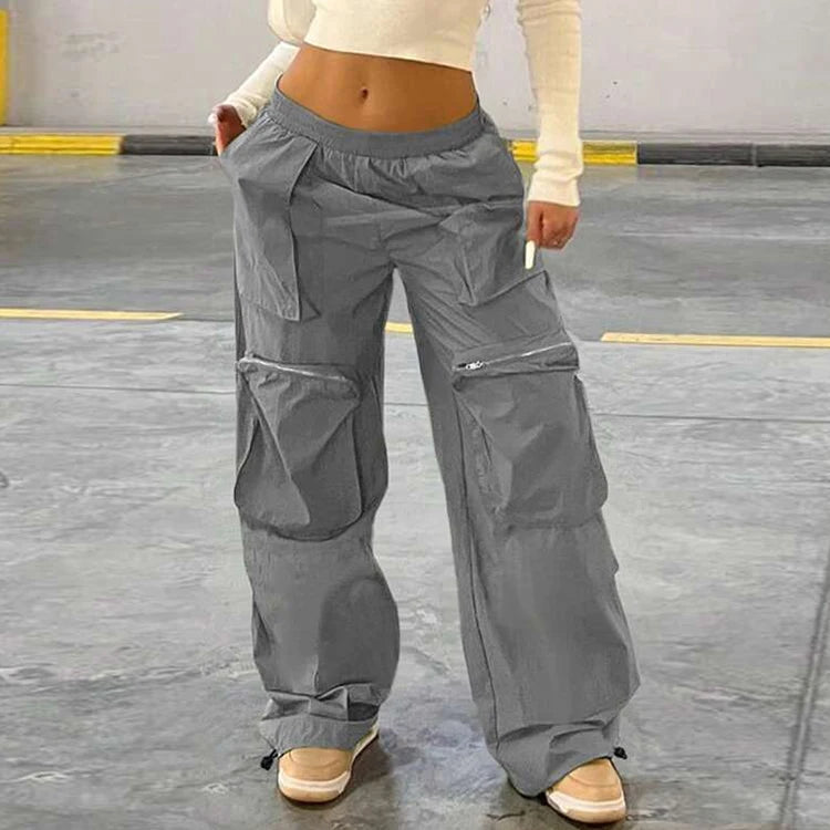 F230392 Custom Streetwear Loose Large Pocket Zipper Woven Pants Elastic Waist Drawstring Pant Leg Tooling Casual Cargo Pants