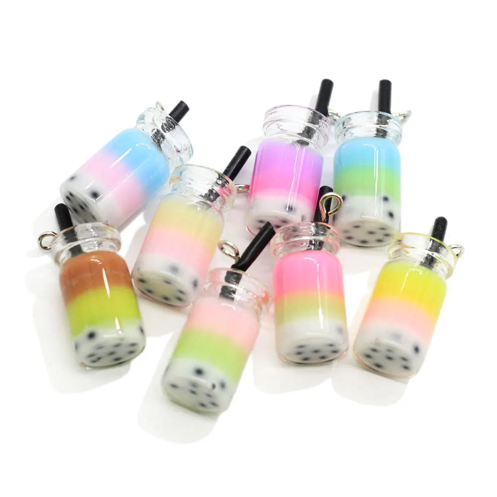 100pcs Resin Bubble Tea Boba Charms Pendant Gradient Color Drink Ornament DIY Milk Crafts Jewelry DIY for Earrings Necklace
