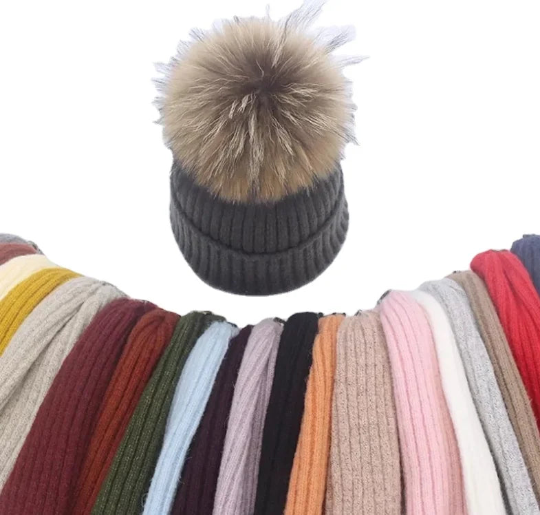 Unisex Custom Faux Fur Slouchy AB Yarn Ski Cap Wholesale Warm Winter Chunky Jacquard Knit Animal Print Common Satin Lined Beanie