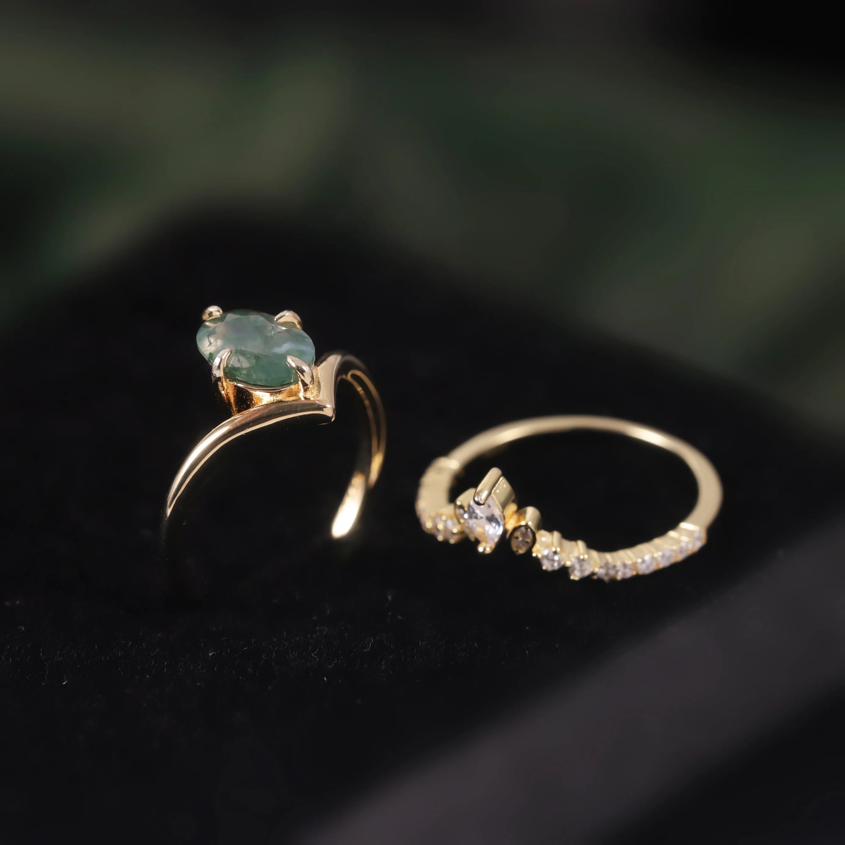 Abiding Custom Stamped Oval Moss Agate 14K Gold Plated 925 Sterling Silver Curved Wedding Band Bridal Ring Sets for Women