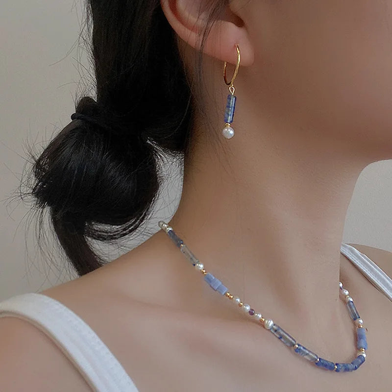 925 Sterling Silver Drop Earrings Blue Agate Hopp Earrings Necklace Jewelry Set Golden Earrings in Natural Stones