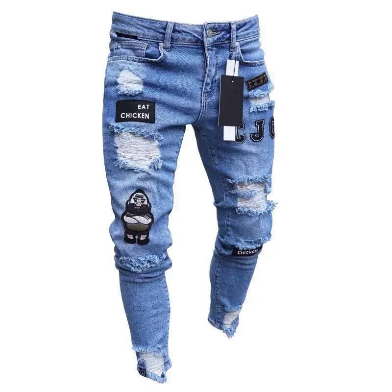 2025 Cross-border new YMX and wish Europe and the United States hot selling men's skinny jeans ripped badge small foot pants