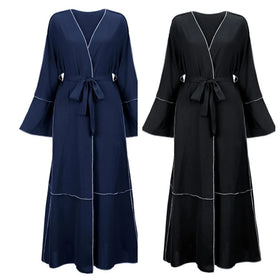 Women Muslim Abaya Prayer Dress Cardigan with Belt Pockets Long Sleeve Satin East Arabian Robe Dubai Kaftan