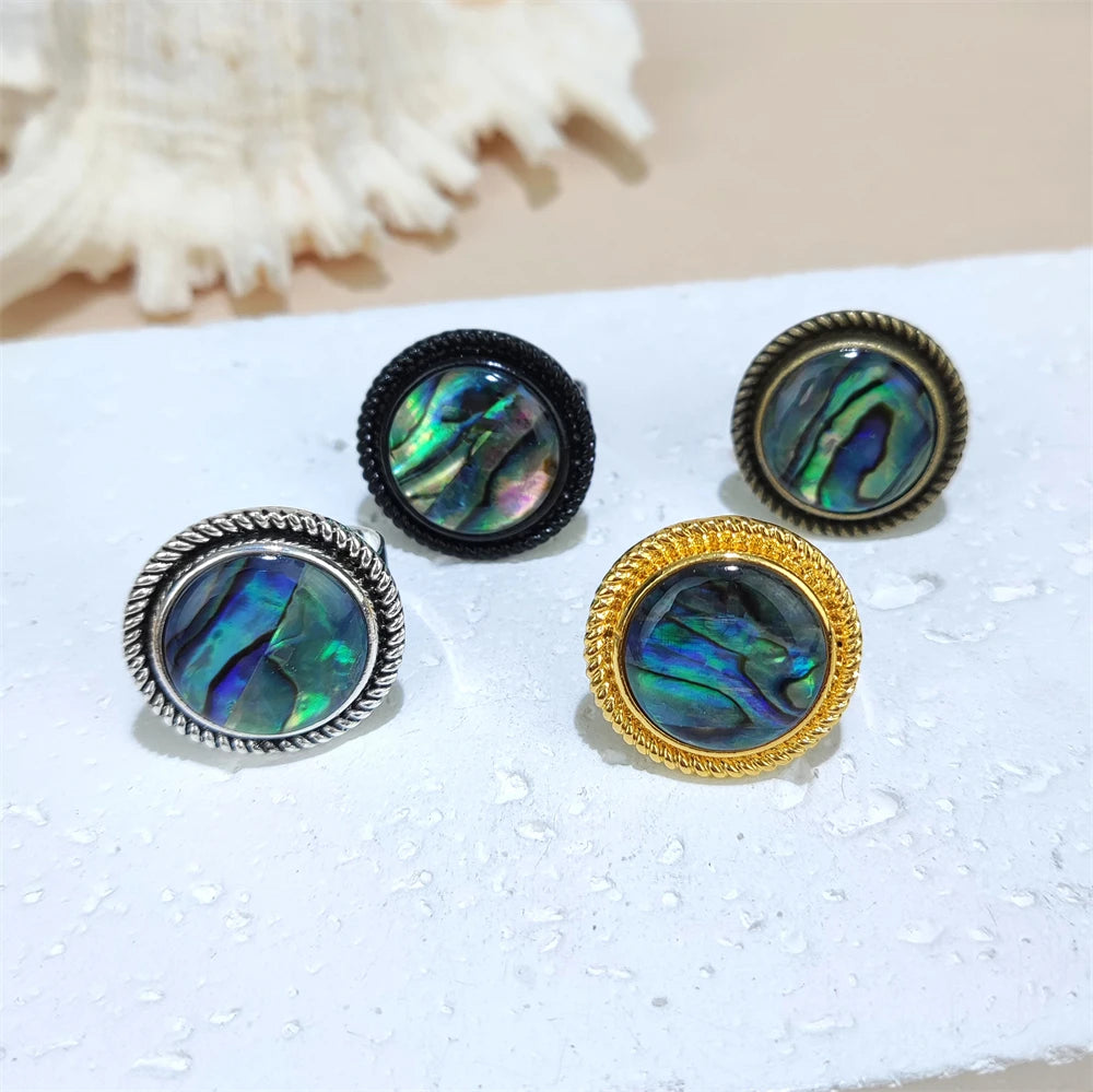 Hot Sale Gemstone Ring Natural Seahell Fine Jewelry Gold Plated Paua Shell Ring Round Abalone Jewelry Finger Rings for Unisex