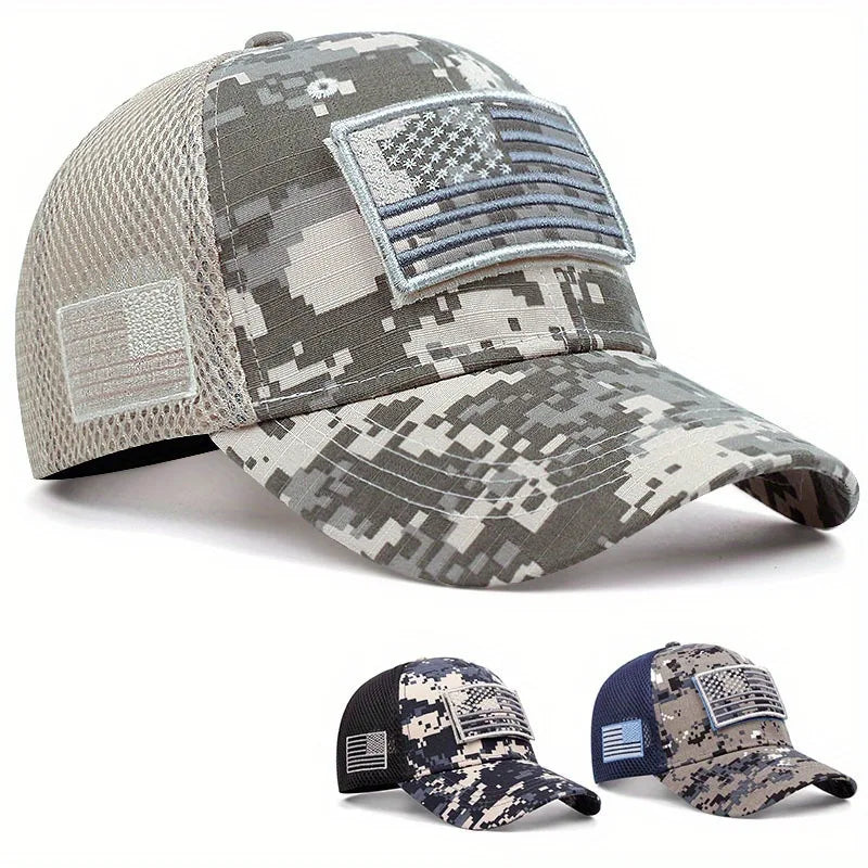 Men's Y2K Camo Print Outdoor Cap American Flag Patched Mesh Adjustable Baseball Caps
