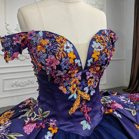 Luxury Dark Blue Flower Ball Gown Quinceaneara Dresses With Long Tail Jancember 9945-B