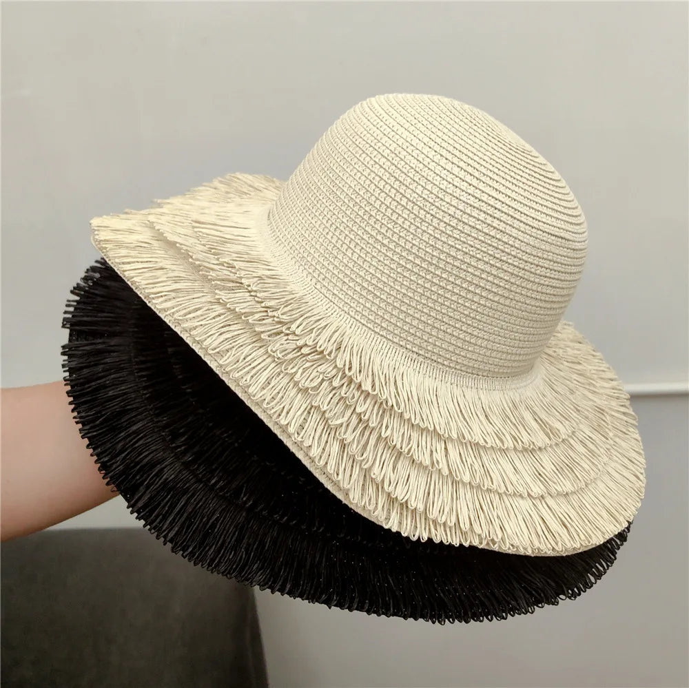 Wholesale Summer Straw Hats for Women Wide Brim Raffia Tassel Panama Hat Lady Sun Beach Caps Outdoor