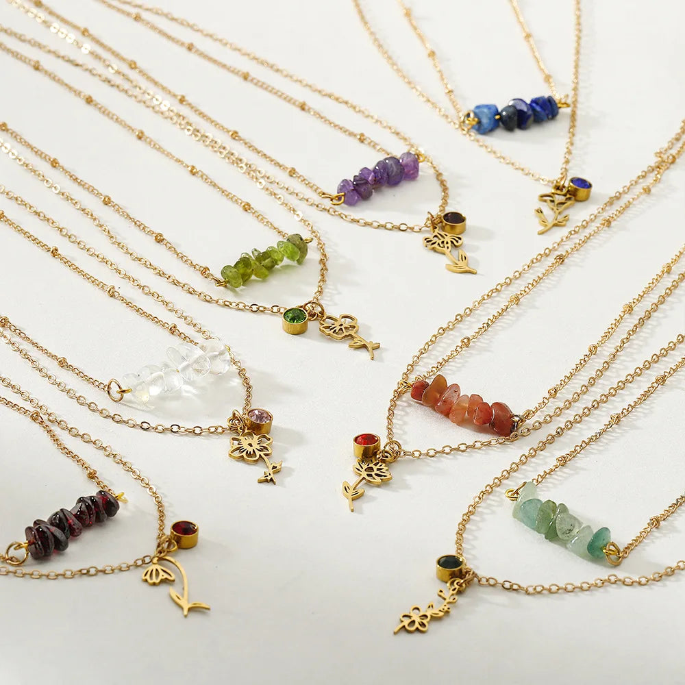 Multi-layer Stainless Steel Natural Stone Healing Crystal Necklace Birth Month Flower Birthstone Necklace