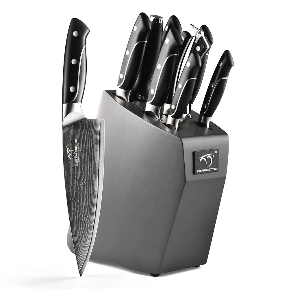 9 Pieces Damascus Knife Sets Chef Knife Kitchen Scissor Sharpener with Ash Wood Block