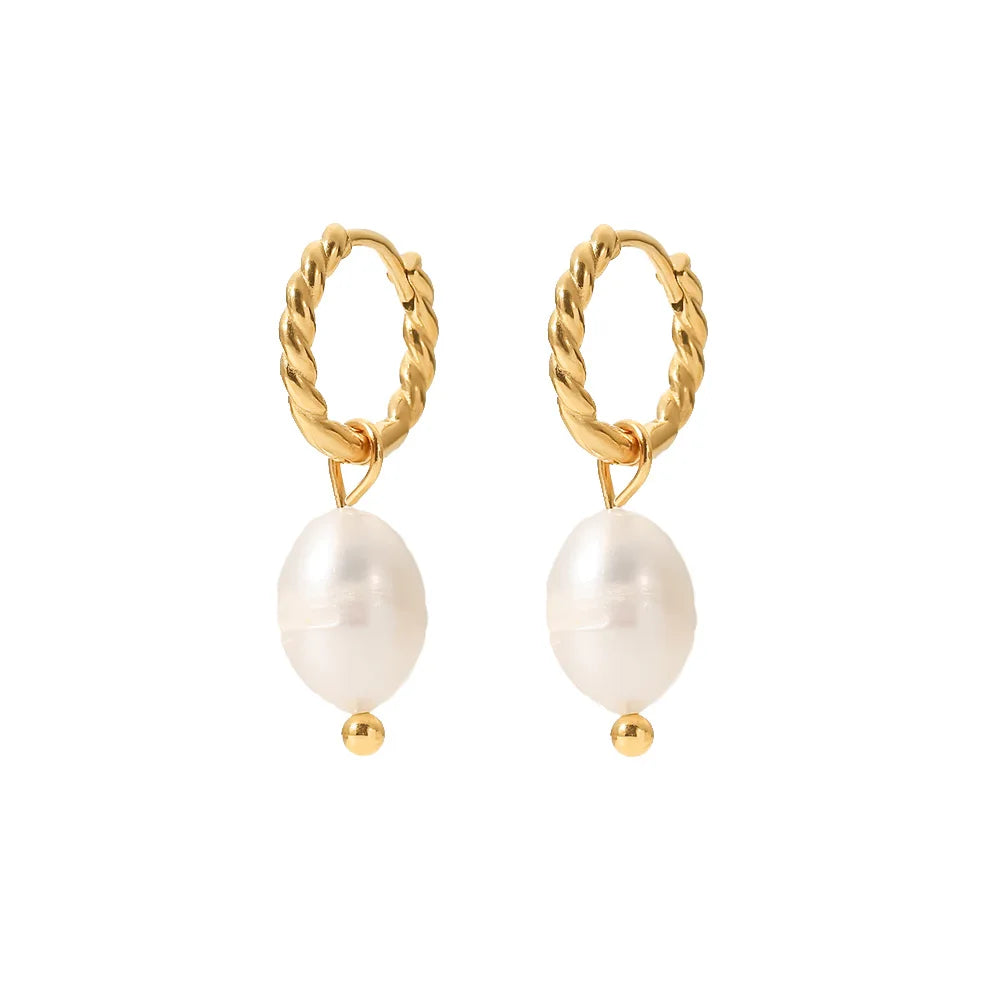 Freshwater Pearl Twist Hoop Earrings Stainless Steel 18K Pvd Gold Plated Pendant Earrings