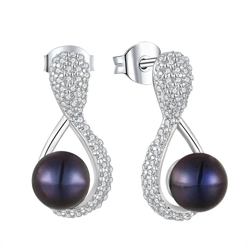 YH Jewellery 925 Sterling Silver Grey Simple Gray Black Shell Beads Synthetic Pearl Round Silver Hoop Earrings Jewelry