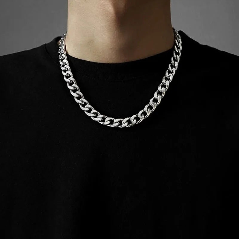 Punk Style Stainless & Titanium Steel Curb Chain Necklace Bracelet Set Unisex 11mm Width Men's Fashion Jewelry for Gifts