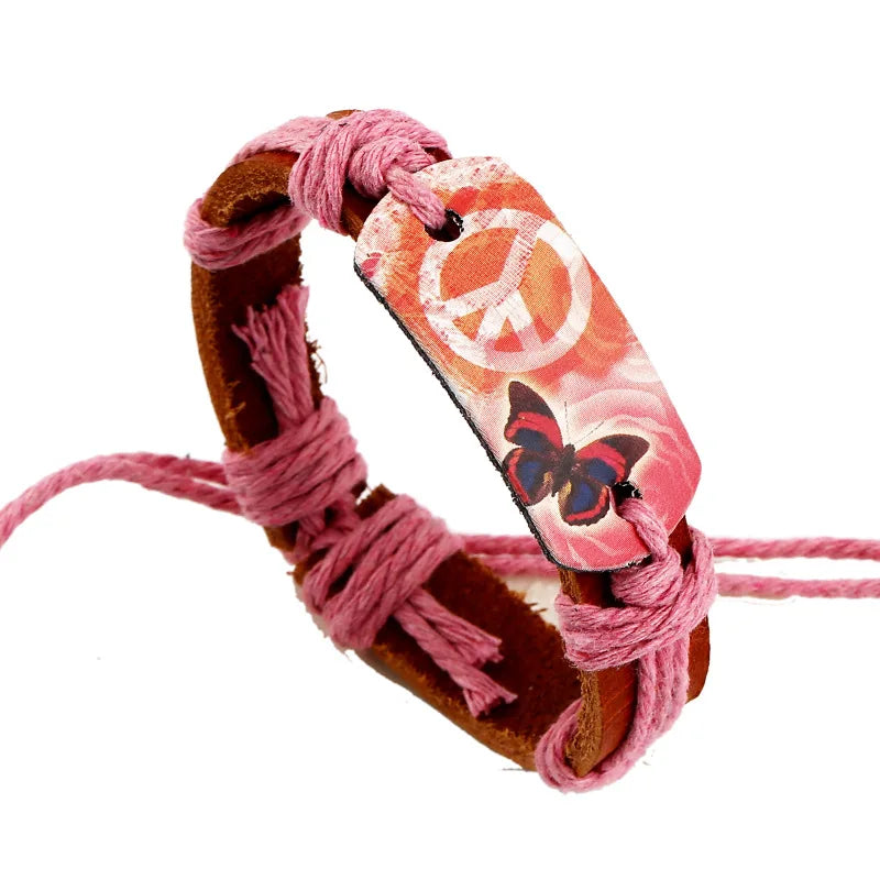 Wholesale Charm Genuine Leather Bracelet Hemp Rope Peace Symbol Braided Wrap Bracelet butterfly Bangle for Women Men