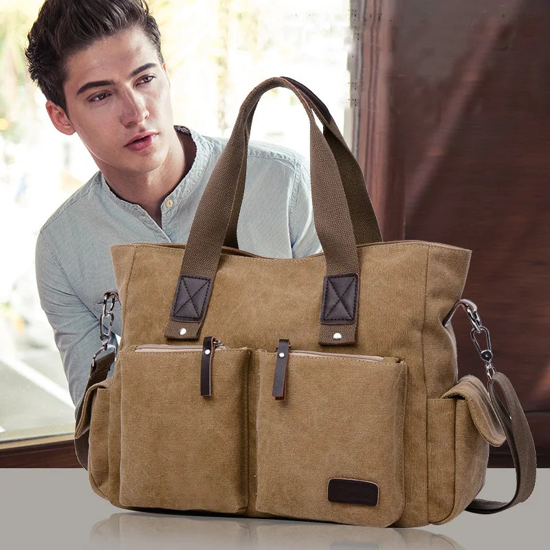 Light Brown Multi Compartment Designer Waterproof Men's Laptop Canvas Crossbody the Tote Bag for Men Work with Zipper