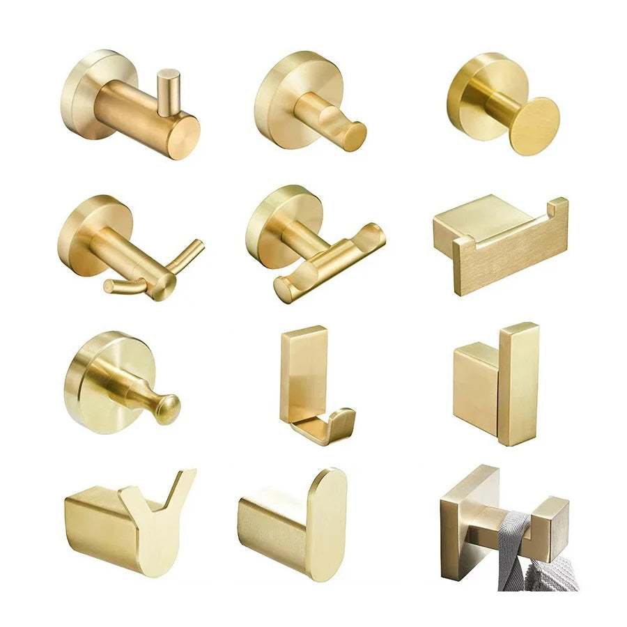 Modern Variety Style Rustproof Stainless Steel Satin Matte Gold Heavy Duty Robe Hook Wall Hanger Towel Holder for Bathroom