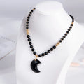 Factory Supply 18K Gold Plated Chain Necklace Natural Black Obsidian Gemstone Beads Moon Shape Pendant Fashion Beaded Necklaces