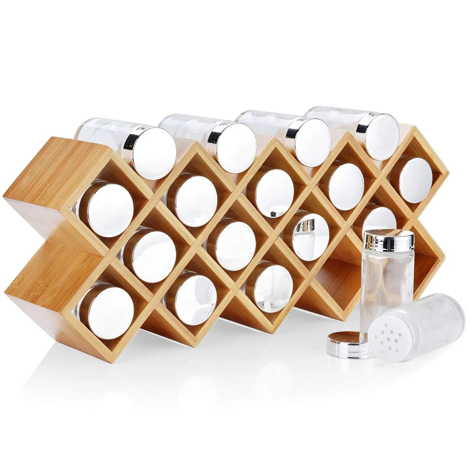 Large Free Standing 18-Count Countertop Spice Storage Rack Bamboo Wood Natural Multifunctional Organizer Jar Holder