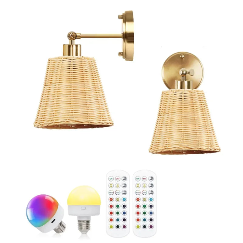 Battery Operated Cordless Non-Hardwired Woven Wall Lamp with RGB Color Changing Soft White LED Bulb Set of 2 Rattan Wall Sconce