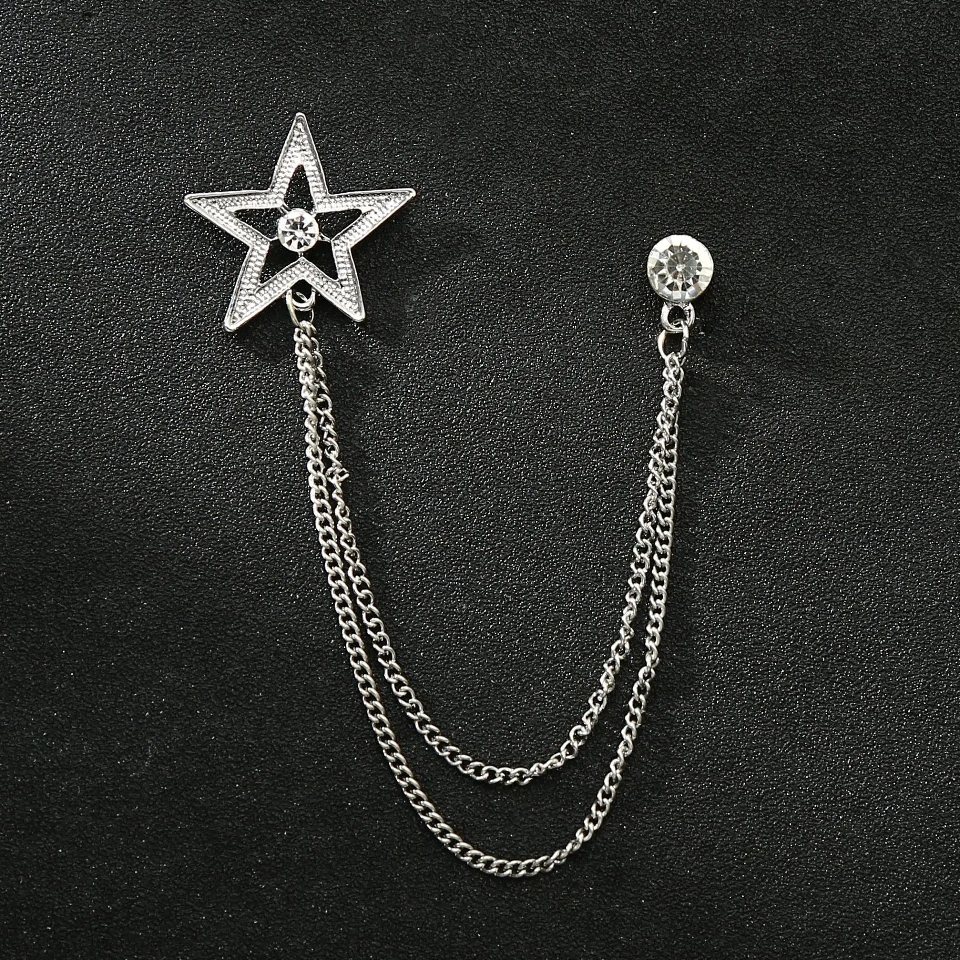 Men's Korean Crown Brooch & Chain Lapel Pin with Pentagram Design Alloy Material Wedding Party Gift Accessories