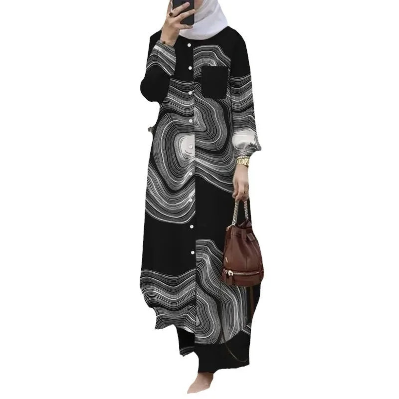 S-5XL Arabic Style Two-piece Set Women's Long Sleeved Shirt and Pants Set Muslim Women's Clothing