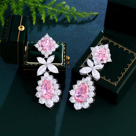 Super Shiny Pink Water Drop Cubic Zirconia Long Dangling Leaf Earrings for Women Wedding Banquet Party Wear
