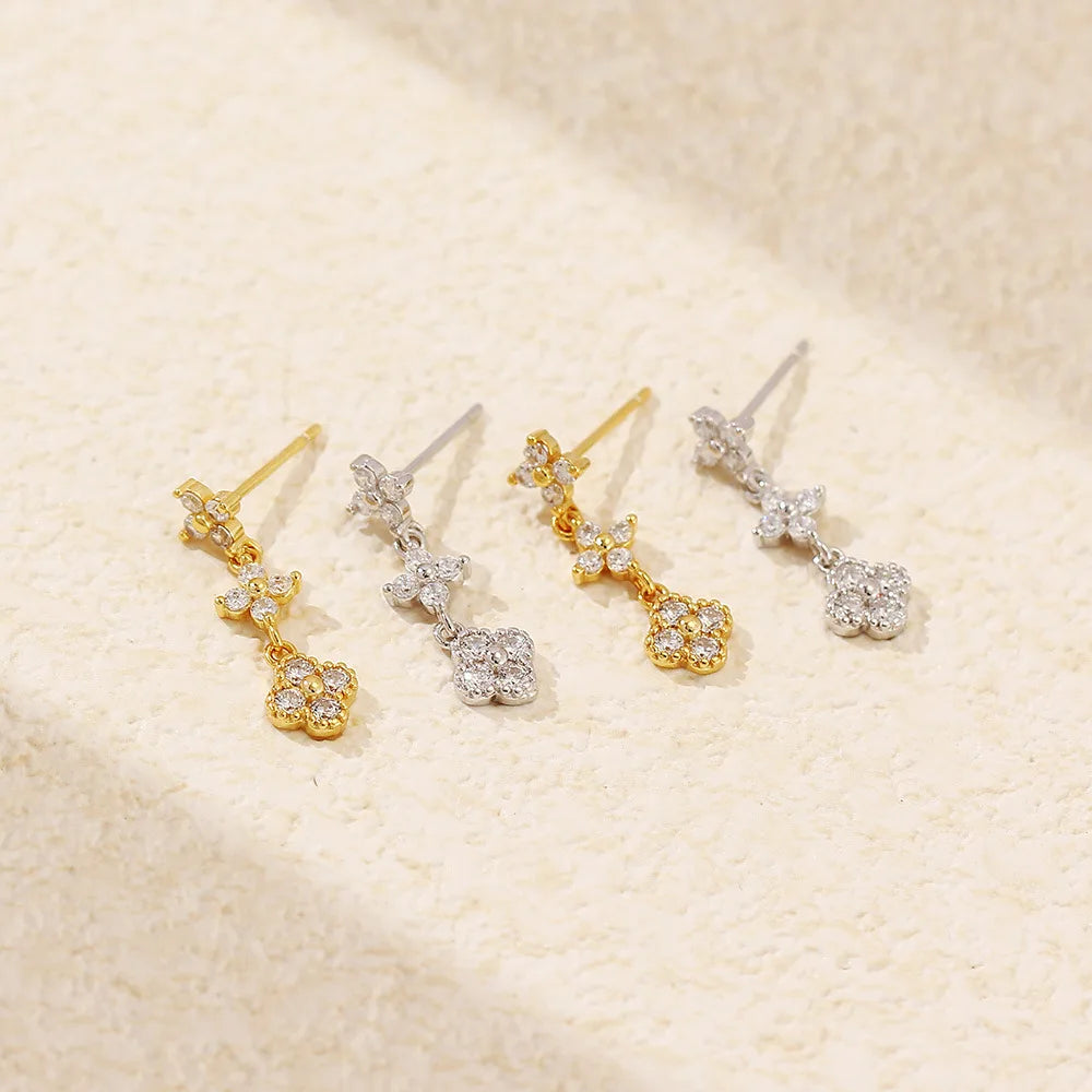 BASQUESUN Factory  Hot Selling Flower S925 Silver Inlaid Four Leaf Clover Zircon Tassel Flower Ins Wind Temperament Earrings