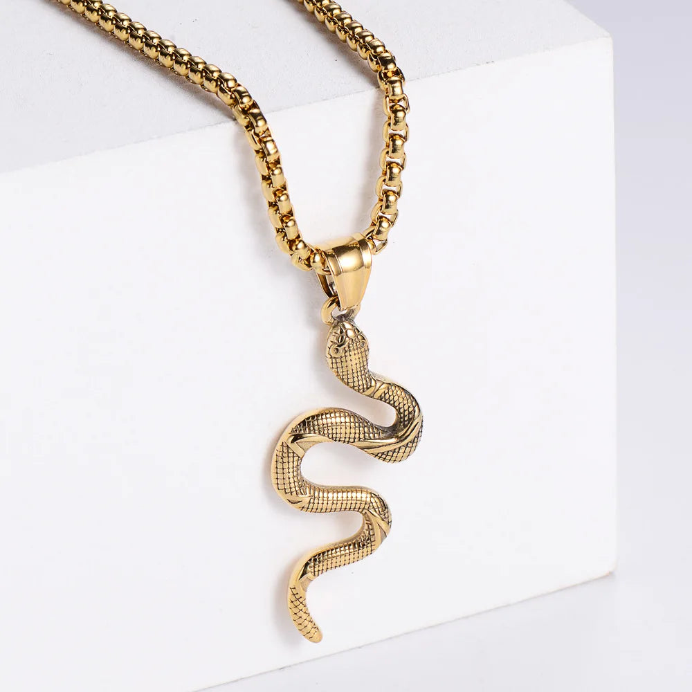 Vintage Gold Plated Snake Pendant Necklace with Box Chain Stainless Steel Statement Jewelry for Parties and Anniversaries