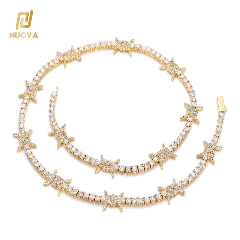 Hip Hop Jewelry Iced Out Bling Zircon Thorn Tennis Chain Women's Choker 18K Gold Plated Barbed Wire Tennis Chain Necklace MegaBDM
