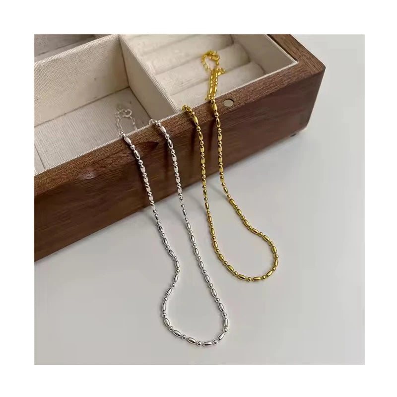 2MM Geometric Oval Round Beads Chain Necklaces Women Fine 925 Sterling Silver Jewelry