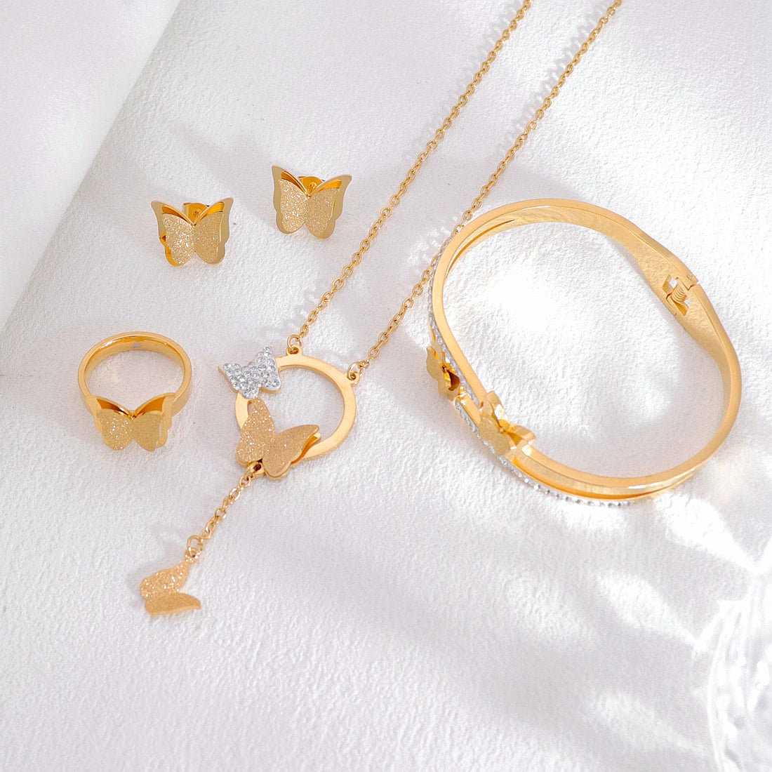 Wholesale Fashion 18K Gold Plated Stainless Steel Butterfly Necklace Earrings Rings Charm Pendant Women Butterfly Jewelry Set