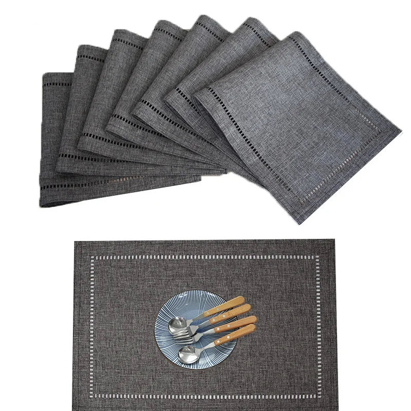 4pcs Classic Eco-Friendly Gray Linen Hemstitch Dual-Layer Plate & Cup Place Mats