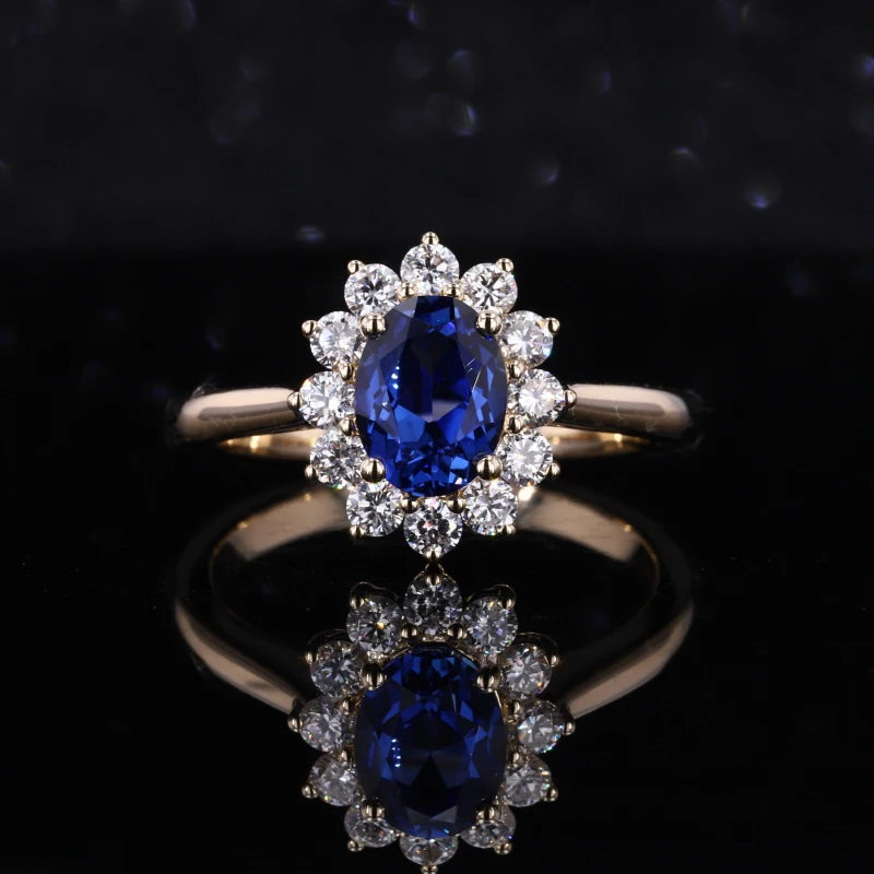 Royal Blue Lab Grown Sapphire Oval Shape 10K Yellow Gold Engagement Ring