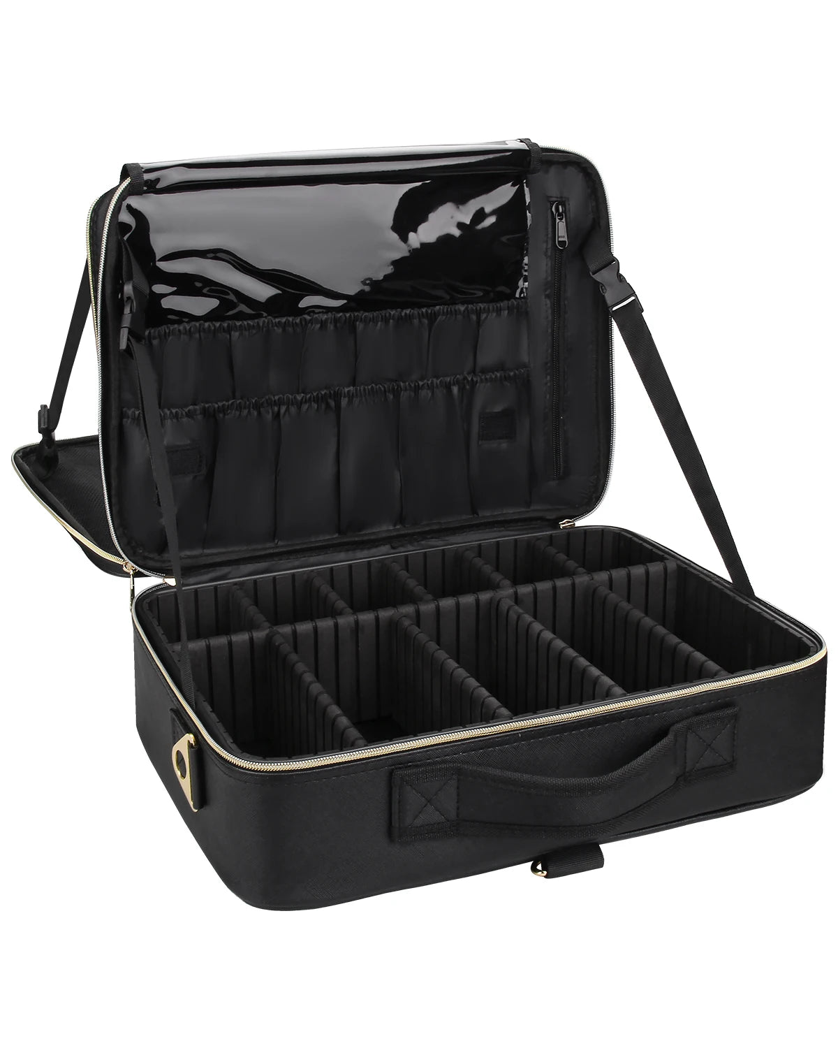 Relavel Travel Cosmetic Train Case Organizer Brush Holder Waterproof 3 Layer Large Capacity PU Makeup Vanity Case