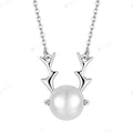 Elegant Women's Animal-Inspired Jewelry Sterling Silver Deer Antler Pendant with Freshwater Pearl Necklace