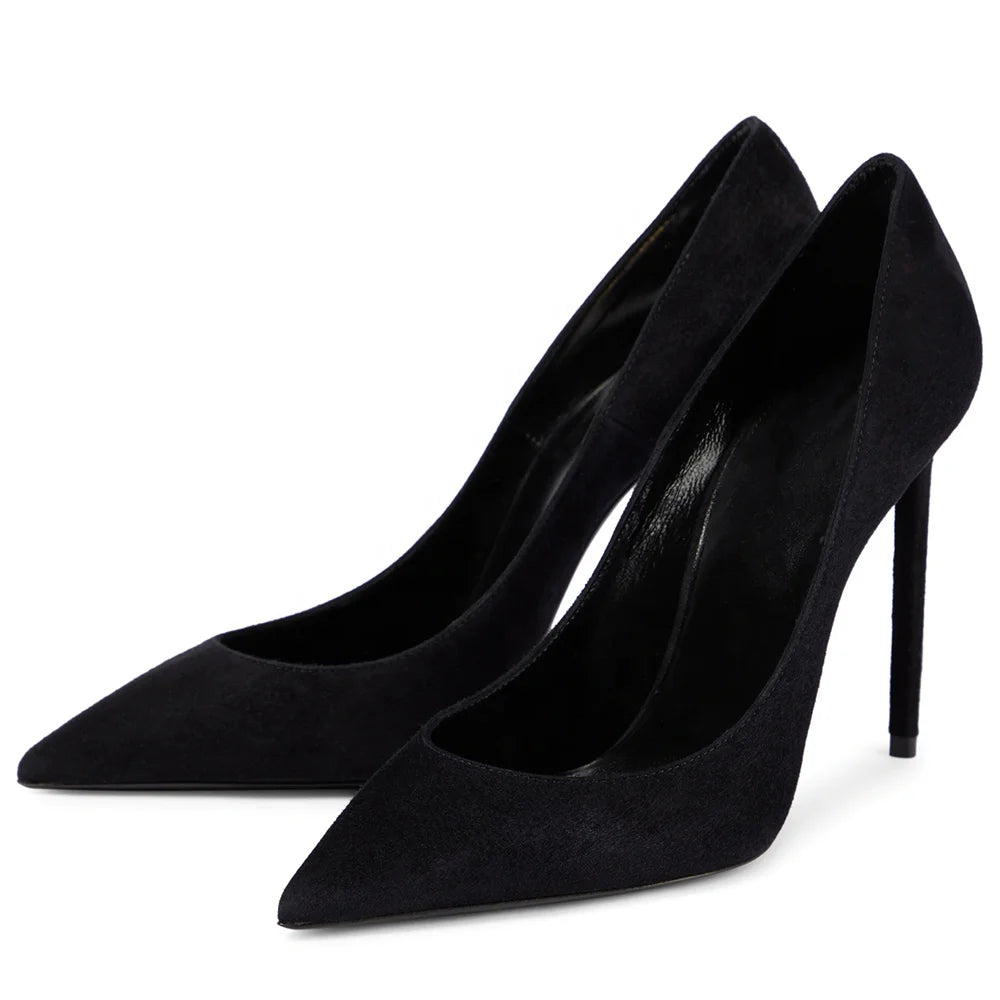 Large Size Classic Ladies Shoes Black Faux Suede Silk Thin Heel Pointed Toe Party Stilettos High Heels Pumps Women Footwear
