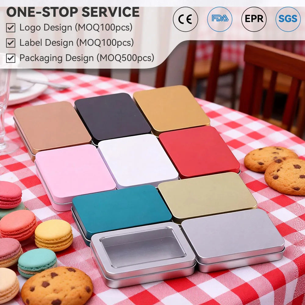 In Stock Multi-Color Matte Tin Cans Full/Half Window Chain & Flat Lid Styles Custom Rectangle Tinplate Packaging Fast Shipping