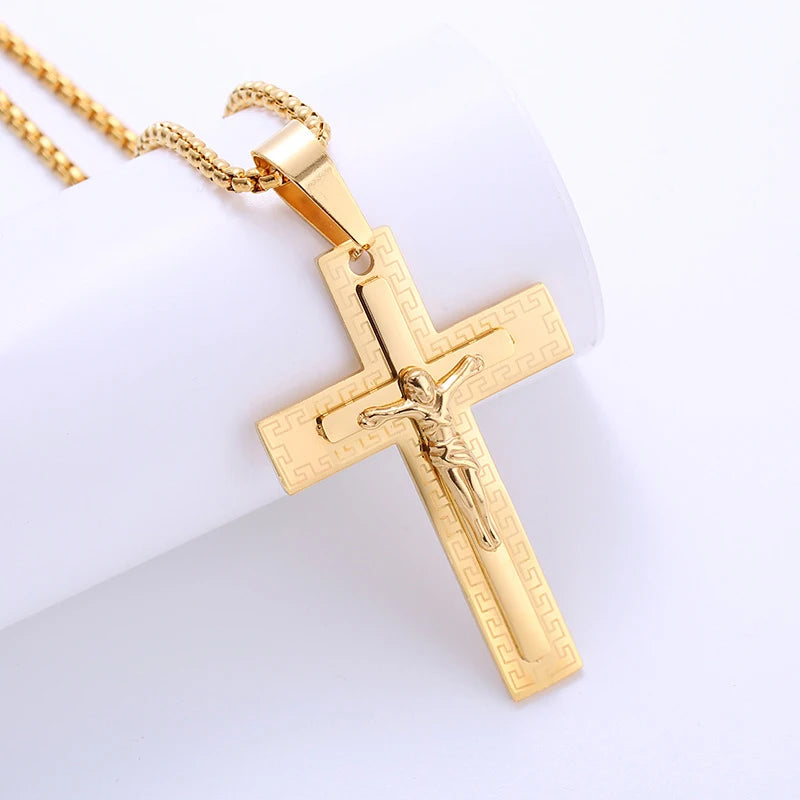 18k Gold Plated Stainless Steel Christ Crucifix Christian Pictures of Jesus Cross Pendant Necklace