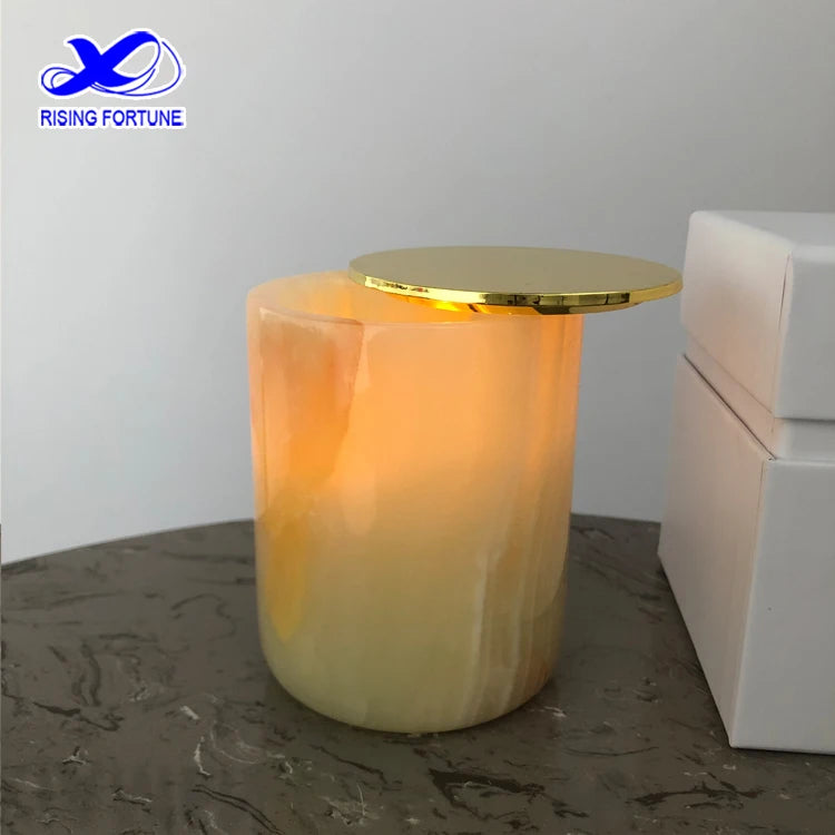 Ready to Ship Luxury Green Onyx Candle Container With Metal Lid and Box Natural Onyx Candle Jar