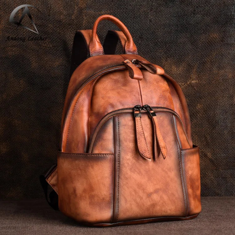 Andong Handmade Genuine Cow Leather Retro Solid Handbag Zipper Soft Handle Leisure Women Backpack Large Capacity Travel Bags
