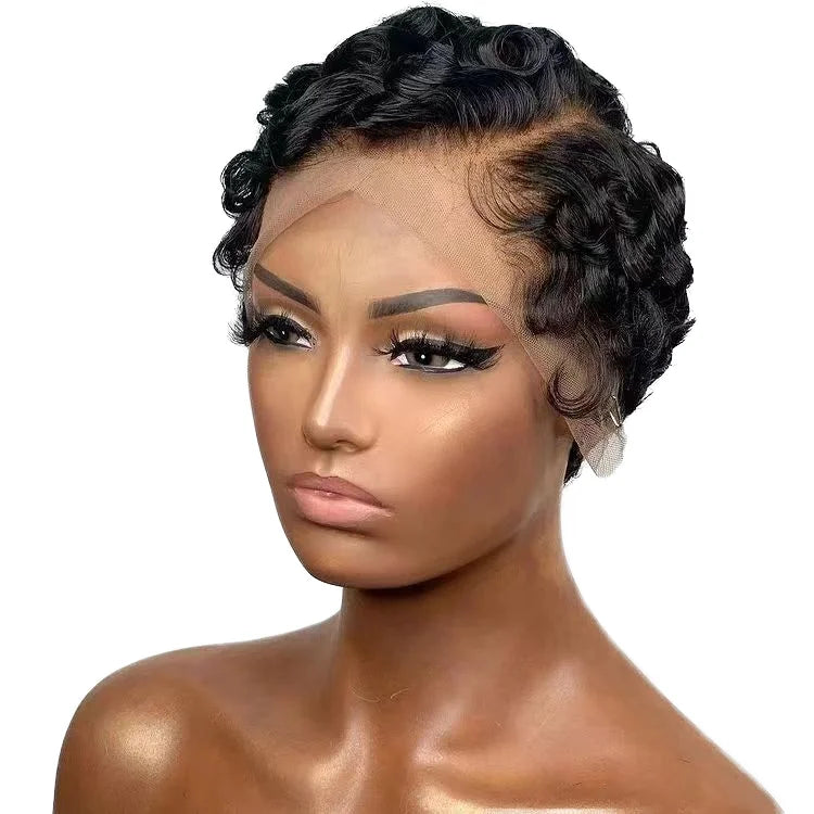 Finger Wave 13x4 Lace Frontal Pixie Wig Human Hair Curly Short Pixie Cut Wig for Black Women
