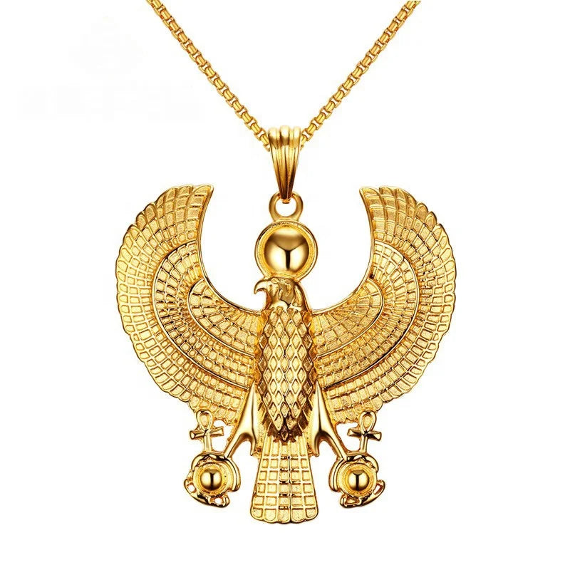 Egyptian Amulet Pvd Gold Plated Stainless Steel Eagle Horus Necklace With Anka Cross