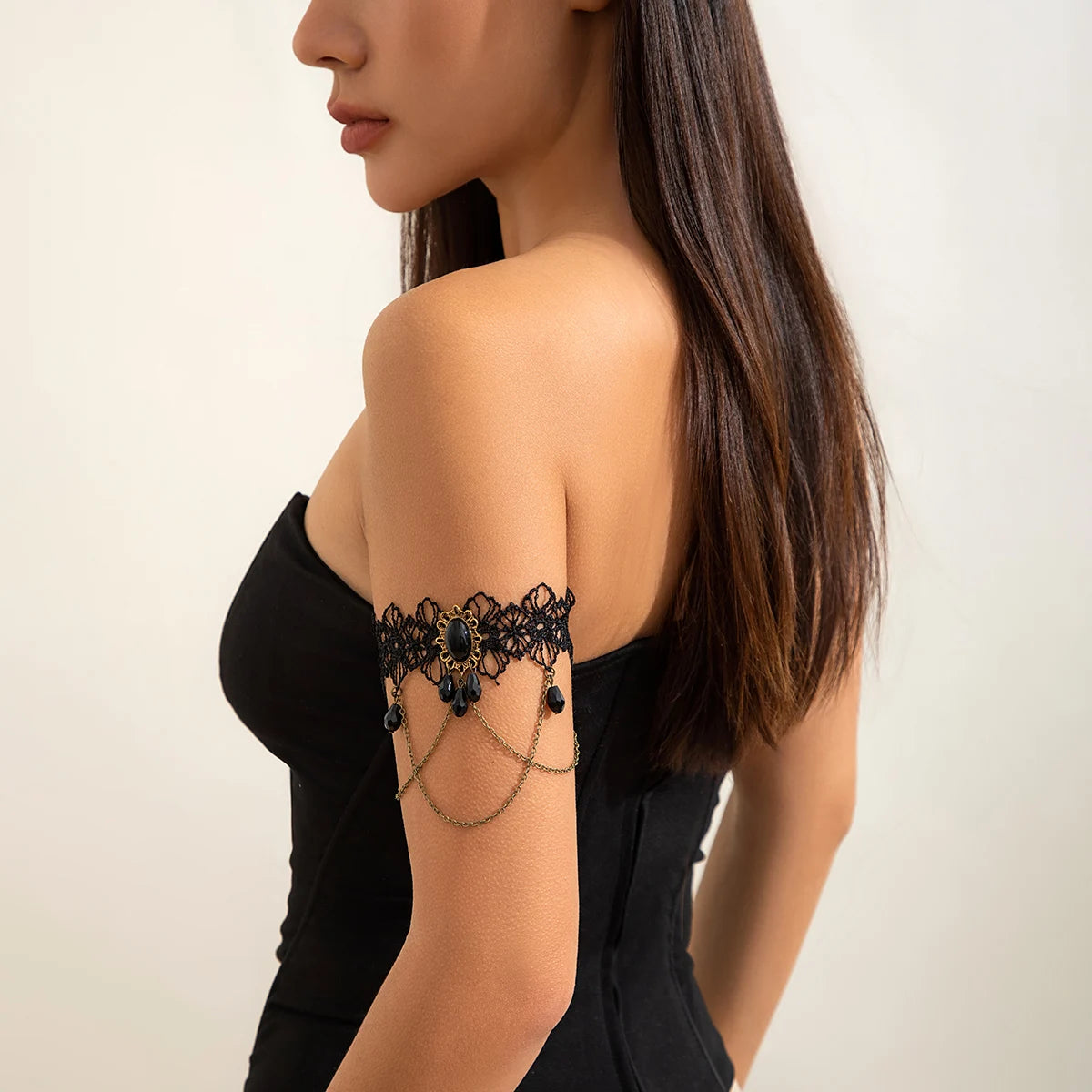 Gothic Cross Chain Water Drop Tassels Lace Open Upper Arm Bracelets for Women Charms Lady Daily Wear Fashion Jewelry Accessories